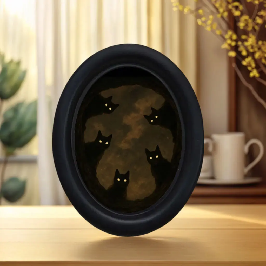 Vintage Dark Mystery Five Cats Art Frame, Unique Wall Decor, Retro Weathered Frame, Halloween Christmas Thanksgiving Home Office Decoration