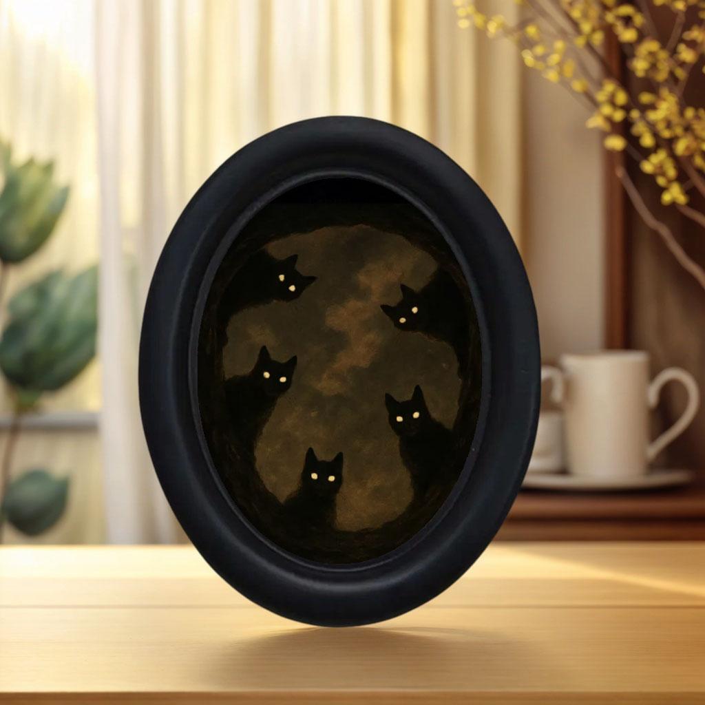 Vintage Dark Mystery Five Cats Art Frame, Unique Wall Decor, Retro Weathered Frame, Halloween Christmas Thanksgiving Home Office Decoration