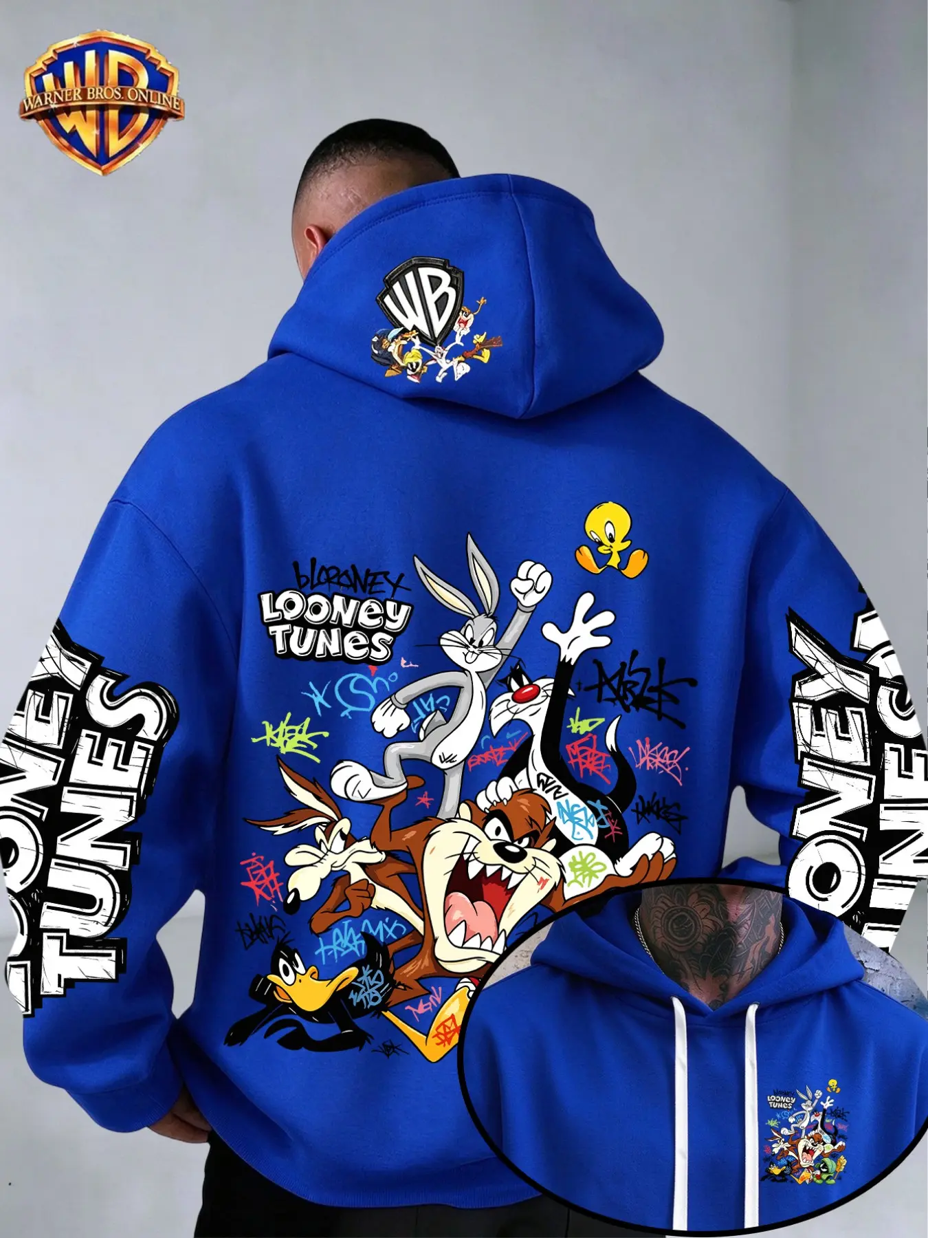 Wb Brand Cartoon Print Hoodie, Unisex Long Sleeve Loose-Fit Sweatshirt, Kangaroo Pocket, Casual Streetwear, Fall Winter Warm Jacket, Fashion