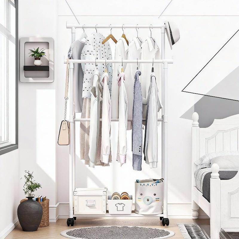 1 double pole simple multifunctional household floor Laundry drying rack, clothes drying pole assembly, clothes drying storage rack, clothes hanging rack storage rack with storage layer rack, drying and storage 2-in-1 Shelf Single Layer Rack