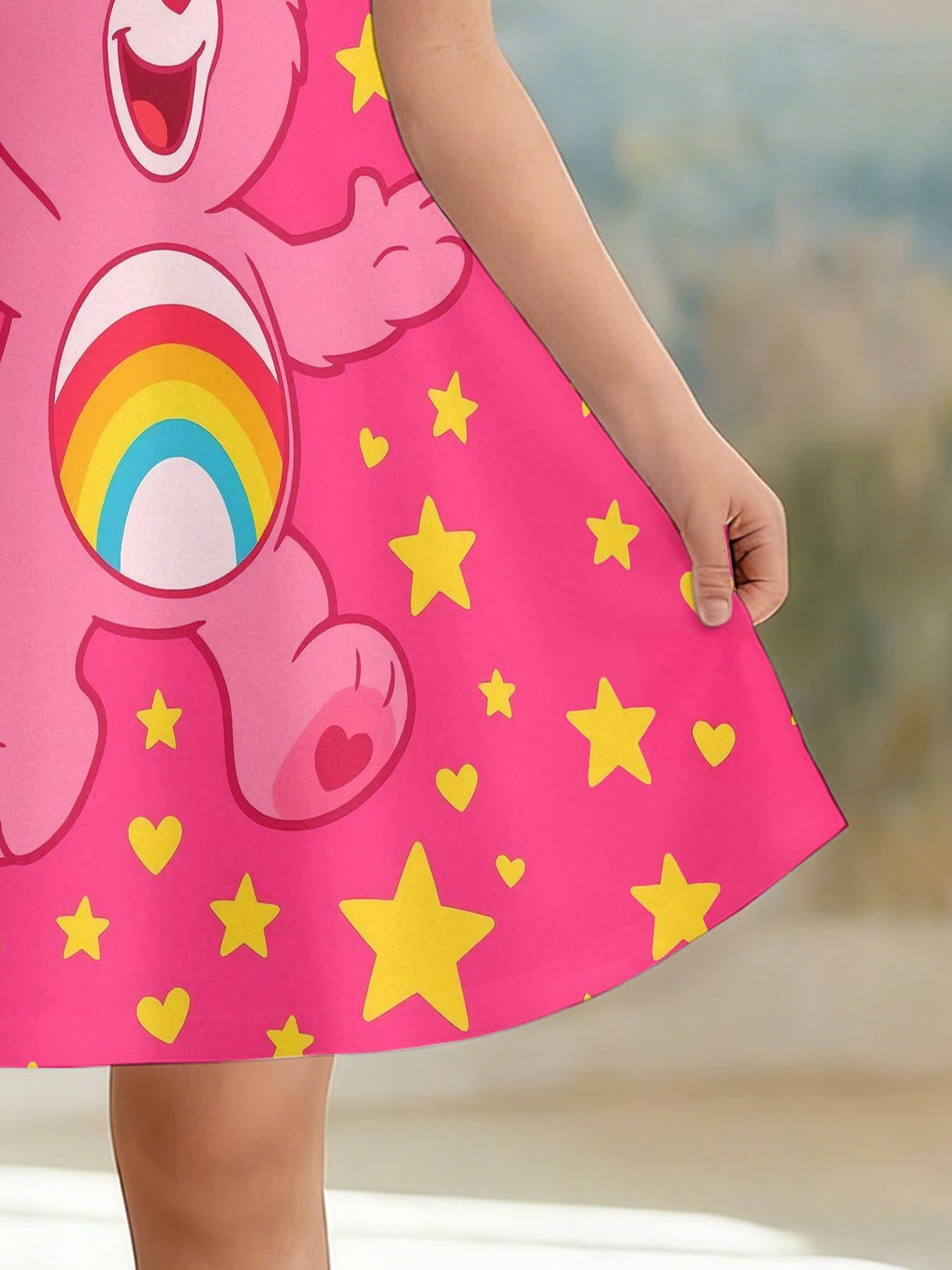 Girls' Heart Bear Cheer Bear Rainbow A-Line Dress, Cute Cartoon Short Sleeve Dress, Fashion Outdoor Wear, Birthday Gift, Holiday Gift