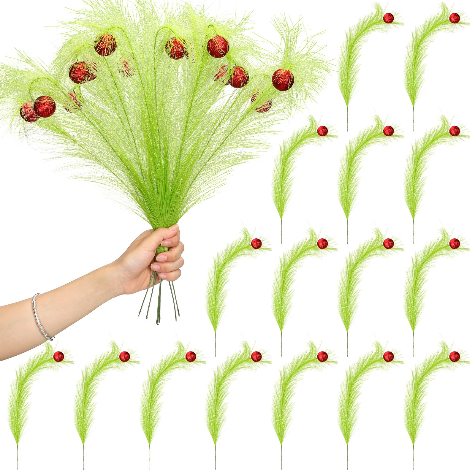 Christmas Clearance Sale Christmas Ornaments Green Furry Picks Fluffy Cuttable Christmas Tree Topper Set Xmas Tree Branch, Faux Pampas Grass Bendable Picks, Curly Artificial Stems with Berry Red Ball Wreath Vase Filler Holiday Home Christmas Decor