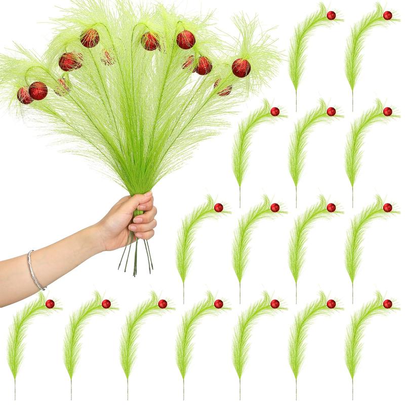 Christmas Clearance Sale Christmas Ornaments Green Furry Picks Fluffy Cuttable Christmas Tree Topper Set Xmas Tree Branch, Faux Pampas Grass Bendable Picks, Curly Artificial Stems with Berry Red Ball Wreath Vase Filler Holiday Home Christmas Decor