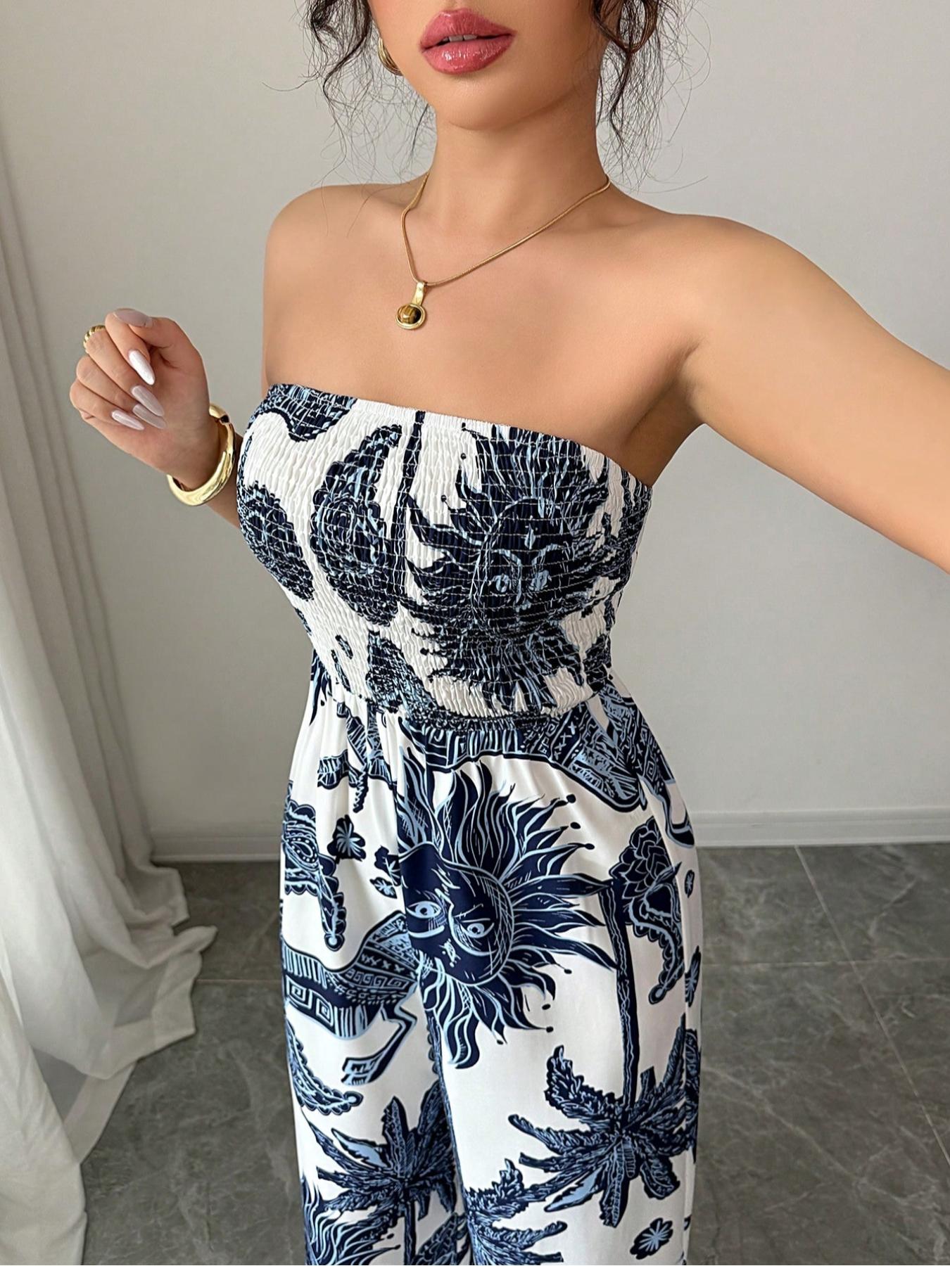 Elegant Women's Strapless Woven Print Romper, Waist-Cinch Wide-Leg Design, Perfect for Vacation & Daily Wear, Stylish One-Piece