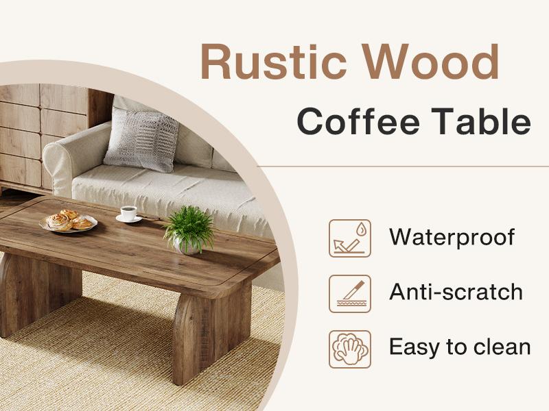 LITTLE TREE Rectangle Coffee Table, 47-Inch Wood Rectangular Living Room Table, Farmhouse Accent Center Low Cocktail Tea Table with Sturdy Base & Rounded Corners, Easy Assembly