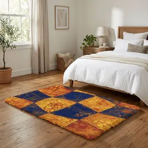 Modern abstract geometric area rug with vibrant orange and blue patterns is a perfect home decor piece for living rooms, bedrooms, and offices, making an ideal gift for housewarmings and holidays.