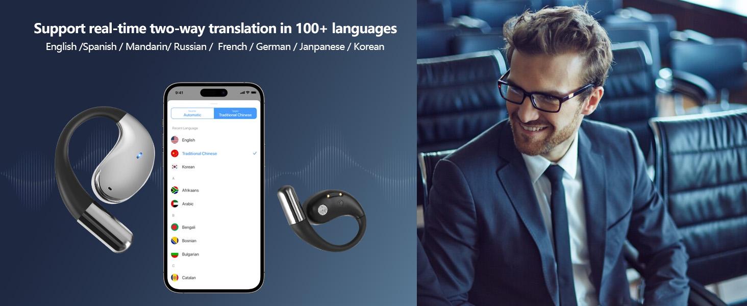 AI Translation Earbuds Real Time 164 Languages 80H Playtime Translator Ear Buds Audifonos Traductores Inglés Español Wireless Earphones Bluetooth Headphones for Travel Business Meeting Learning Black1