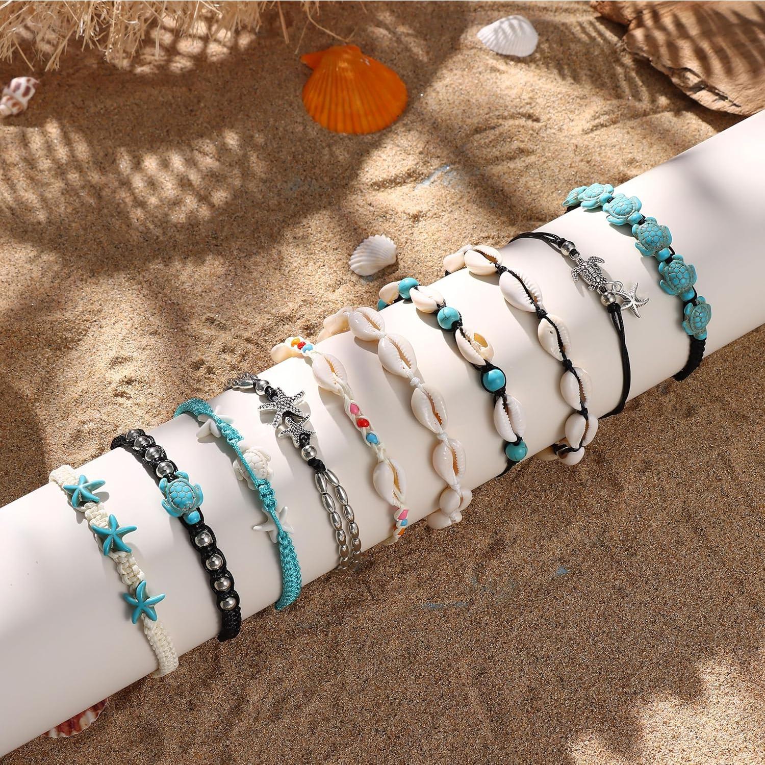 10 PCS Bohemian Summer Anklets for Women, Waterproof Handmade Turtle Starfish Shell Ankle Bracelets, Adjustable Beach Foot Jewelry,summerwins