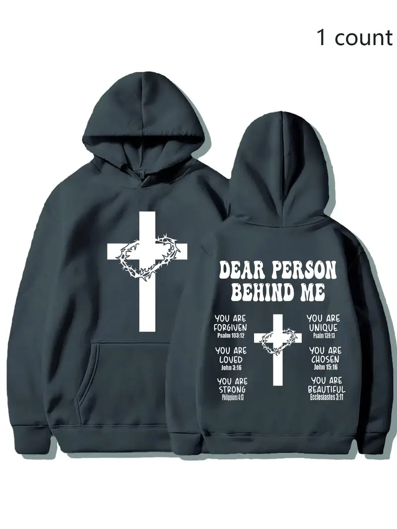 Christian Fitted Hoodie with Bible Verse, Long Sleeve Inspirational Sports Sweatshirt, Faith Cross Graphic Printed Pullover Hoodie, Casual Fall & Winter Wear, Printed Hooded