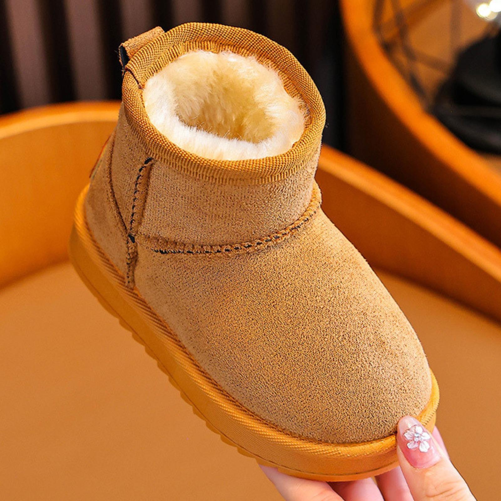 Kids' Cute & Versatile Round Toe Synthetic Snow Booties - Soft, Warm Faux Fur Liner, Non-Slip Flat Ankle Boots for Casual Daily Wear, Birthday, Holiday (Khaki, Black, Gray)