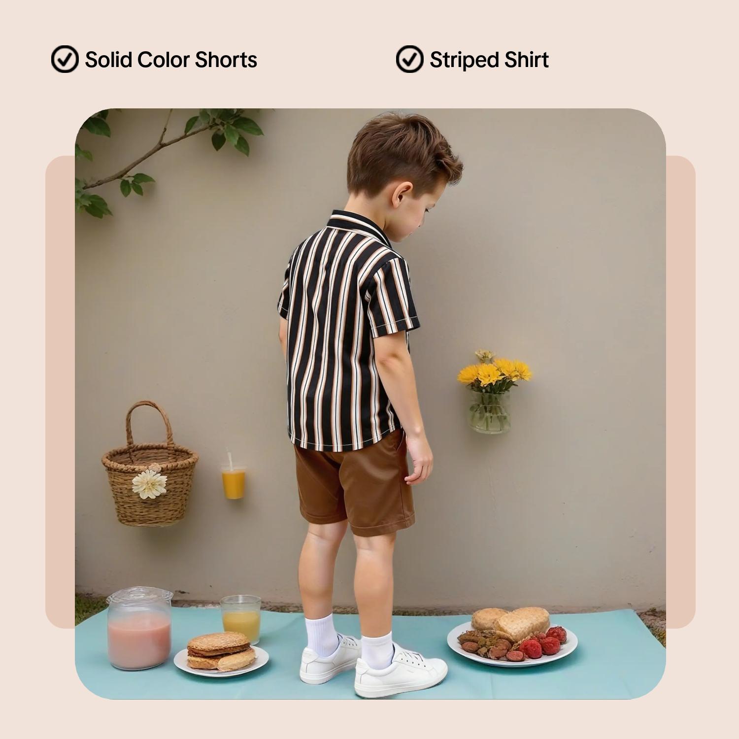 Boys' Summer Set, Striped Sets, Striped Shirt & Solid Color Shorts, Casual Wear for Vacation & Outdoor Activities, Ages 4-7