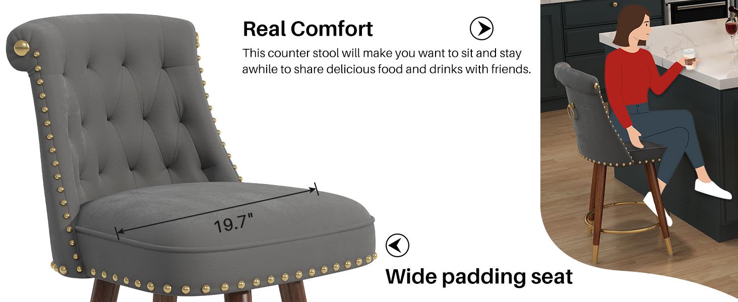 Counter Height Bar Stools, 360° Swivel Bar Stools, Upholstered Barstools with Back and Footrest for Kitchen Island, 24" H Seat Height, Solid Wood Legs