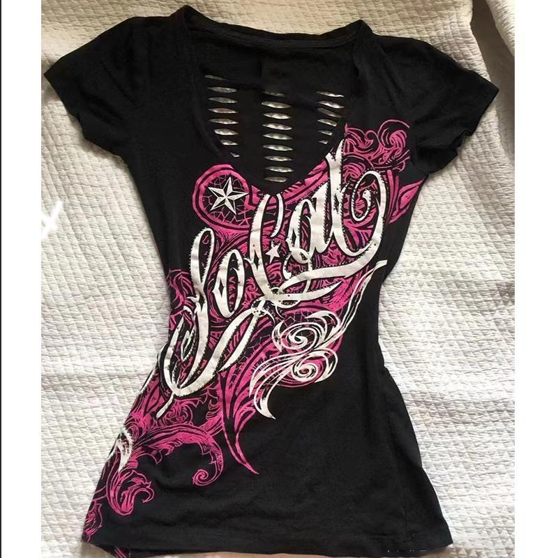 American Y2K Punk Short Sleeve T-Shirt Women V-Neck Cutout Print Graffiti Pattern Sexy Casual Top Retro Streetwear 2026 Summer