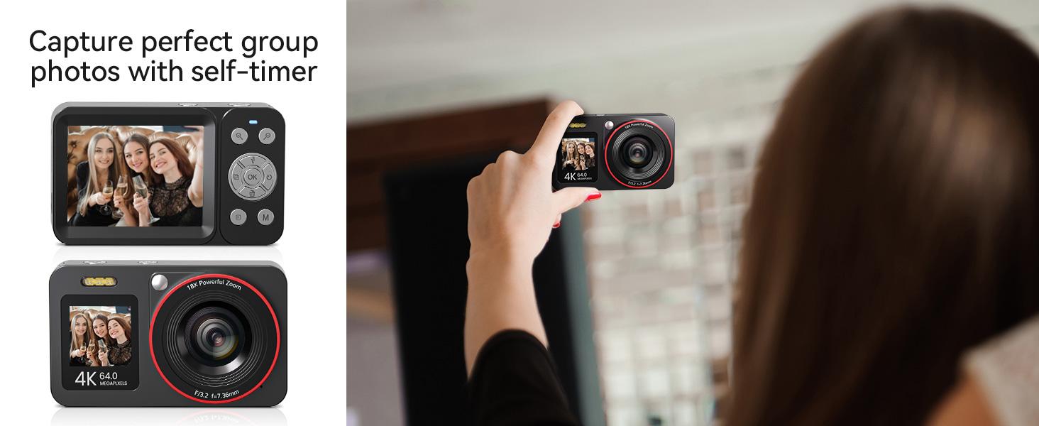 Deatti 4K Digital Camera, 1 Count 64MP Auto FocusDigital Camera,junior camera  Compact & Portable Camerawith 64G Memory Card & Battery,Compact 4K Digital Camera with Accessories Gifts for kids Black Flash