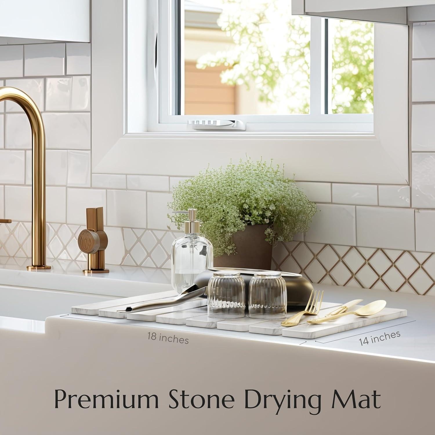 Kitchen Countertop Stone Utensil Drying Mat, 24x15 Inches, Strong Absorbent, Diatomaceous Earth Material, Quick Dry, for Utensils, Bottles, Cups