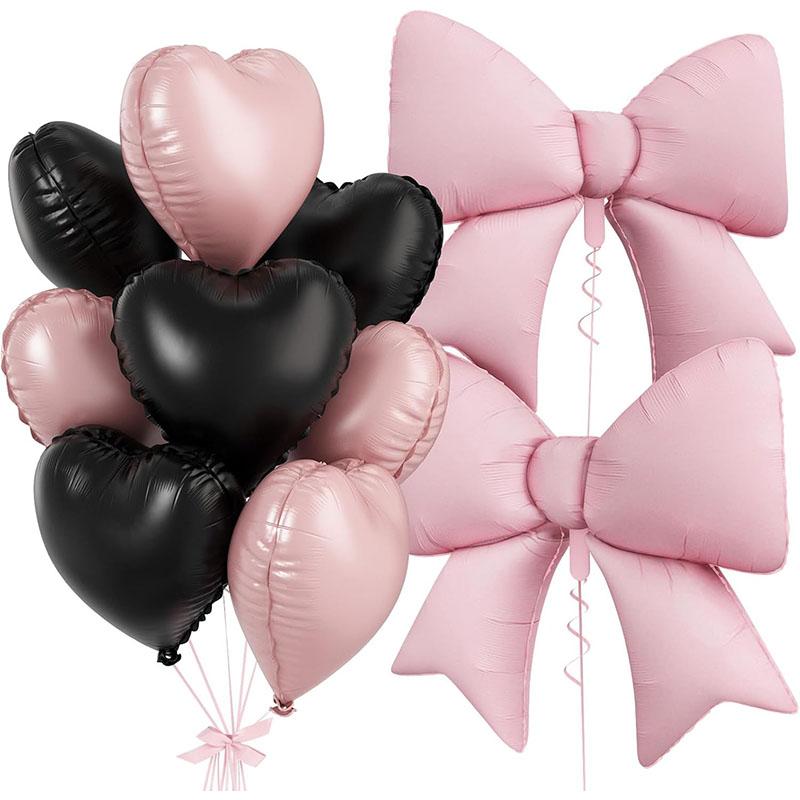 Pink and black heart-shaped bow balloons, 8 18 inch heart-shaped balloons and 2 38 inch butterfly balloons (with 2 accessories), suitable for girls' birthdays, baby showers, bridal wedding party decorations