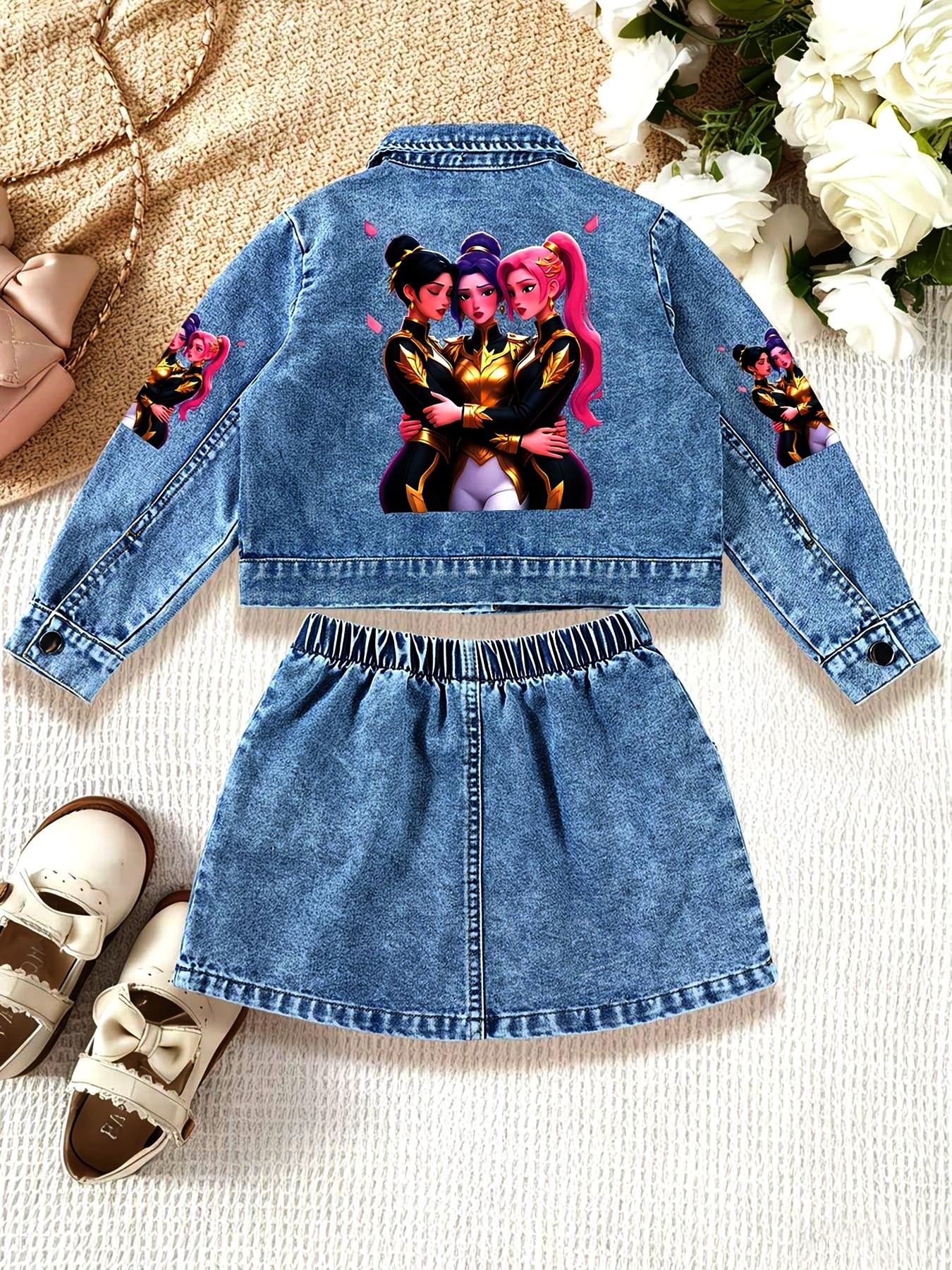 Girls' Cartoon Print Denim Jacket & Short Skirt Suits Set, Casual Fitted Design, Perfect for Spring & Fall, Ages 1-8, Ideal Gift