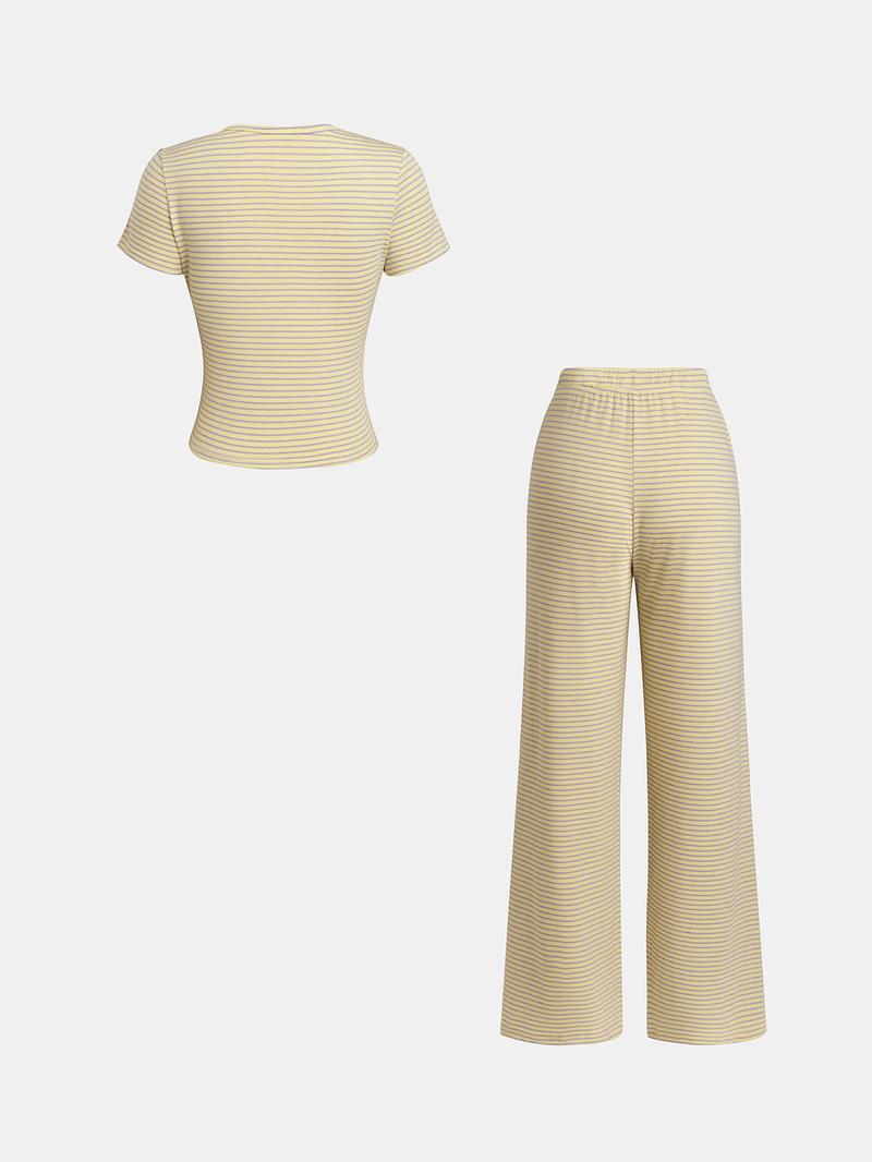 Women's Casual Striped Tee Shirt & Comfortable Pants Set, Stylish Two-Piece for Daily Wear, Perfect for Spring & Fall Seasons