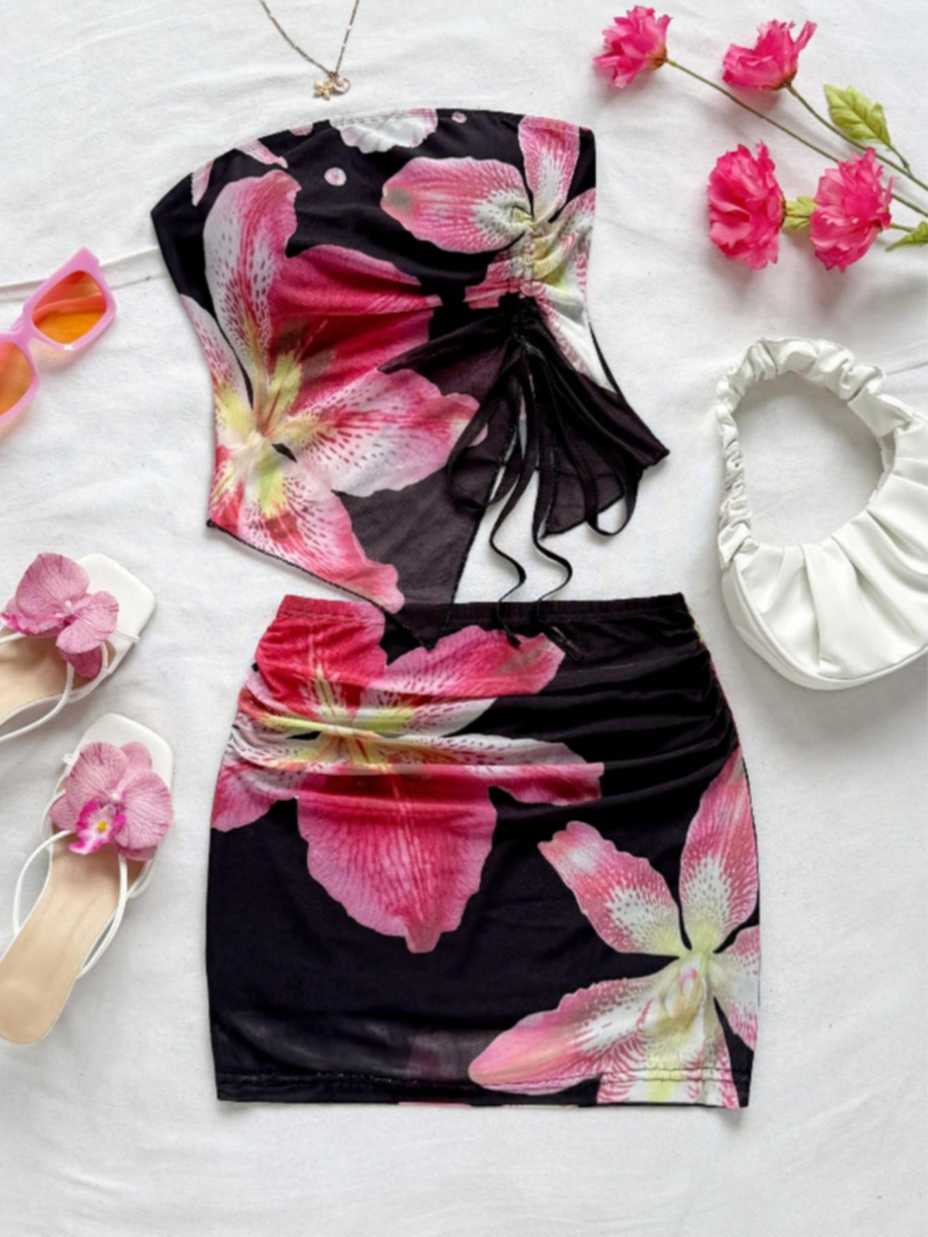 Romantic Floral Print Bandeau Eyelet Mesh Backless Top, Adjustable Drawstring Design, Sleeveless & Strapless Style, Perfect for Summer, Fashion