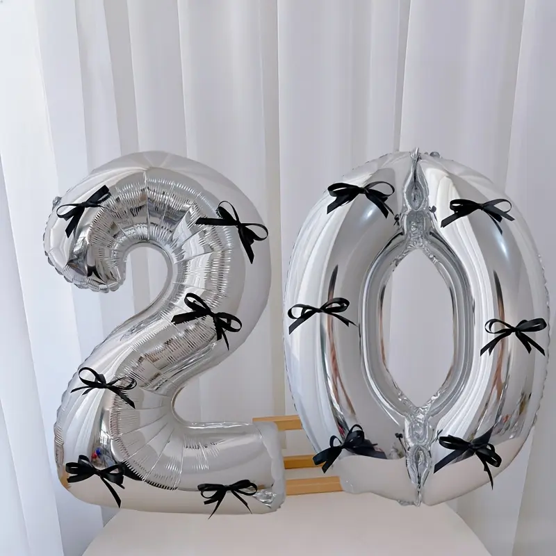 15pcs black bow style silver aluminum foil balloon set, including 2 balloons, 12 black bows and glue, suitable for birthday parties, Birthday decorations, graduation ceremony decoration and photo props