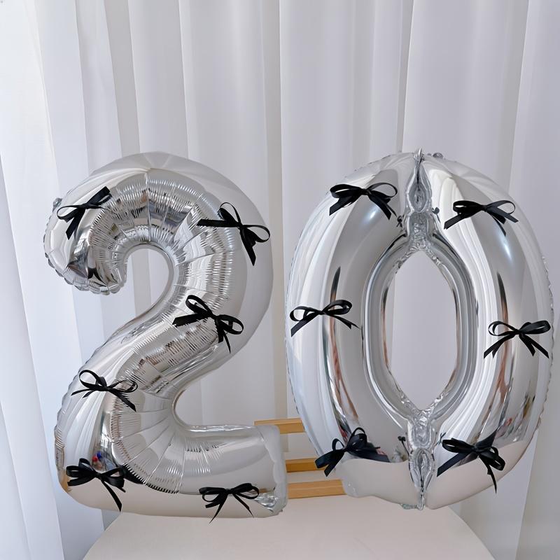 15pcs black bow style silver aluminum foil balloon set, including 2 balloons, 12 black bows and glue, suitable for birthday parties, Birthday decorations, graduation ceremony decoration and photo props