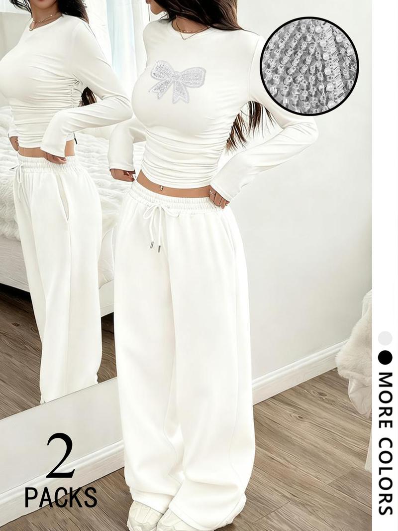 Y2K Campus Sweet Girl Back-To-School Set, Ruched Top & Wide Leg Pants, Youthful and Stylish, Perfect for Daily Wear