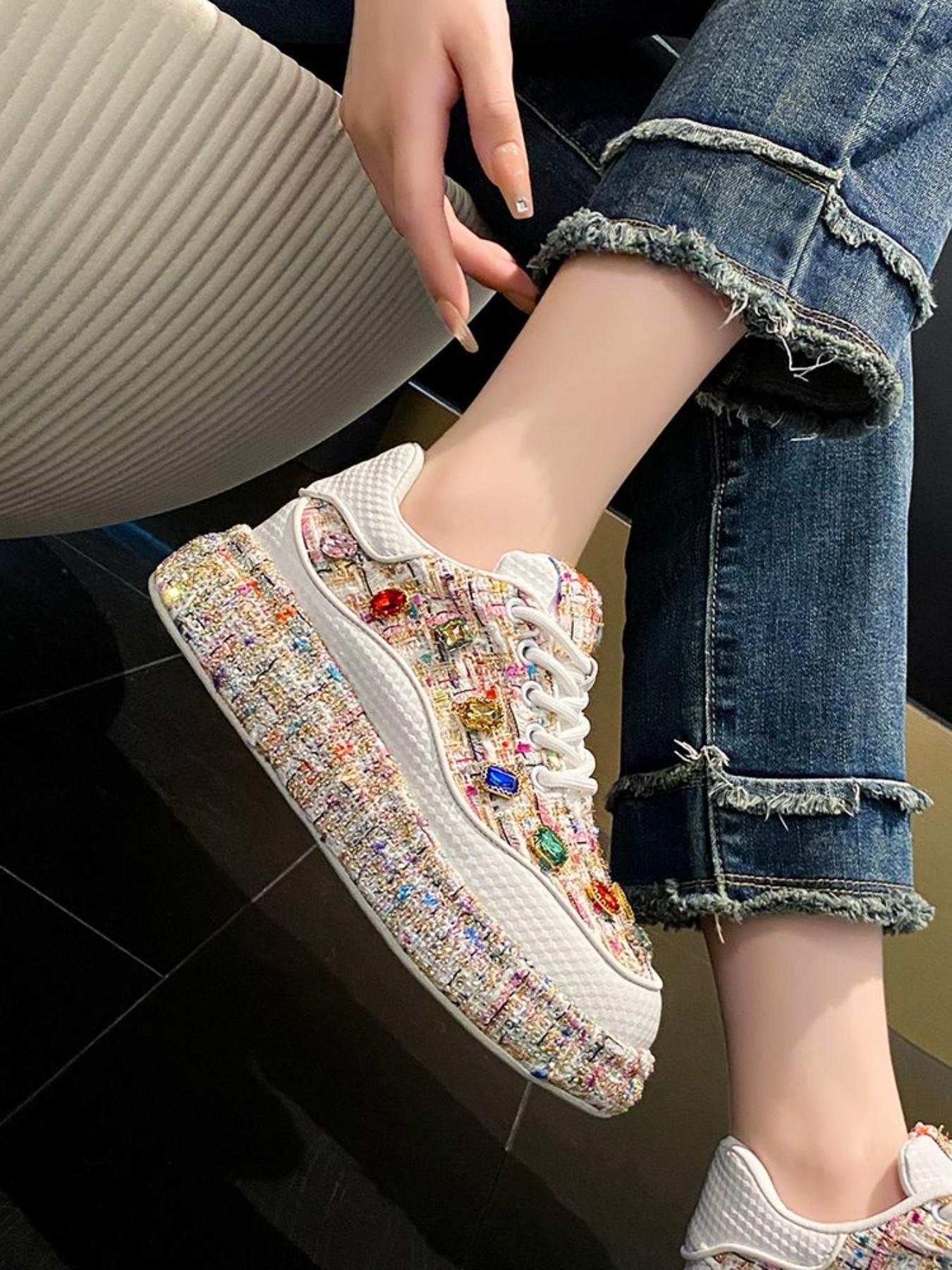 Full Diamond Thick Sole Sport Casual Shoes, Unique Design Handmade Embellished Luxury Thong Dad Sneakers, Party Banquet Multi-Scene Cool Women's Shoes
