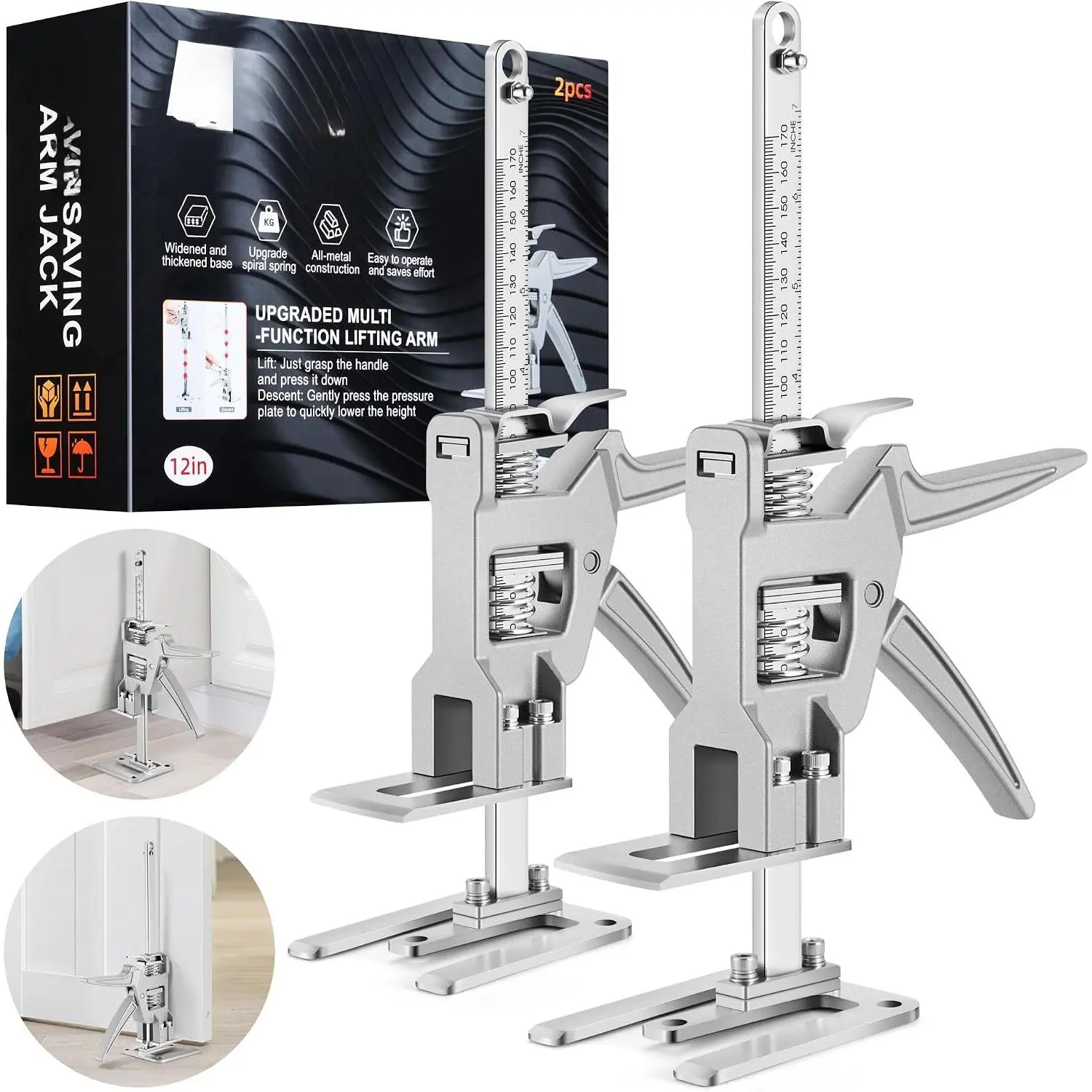 Labor Saving Arm Jack(2Pcs), 12 Inch Stainless Steel Furniture Lifter Jack |  Metal Hand Lifting Jack Tool, Construction Jack for Installing Cabinets, Doors, Windows and Furniture Lifts, Load 440LBS