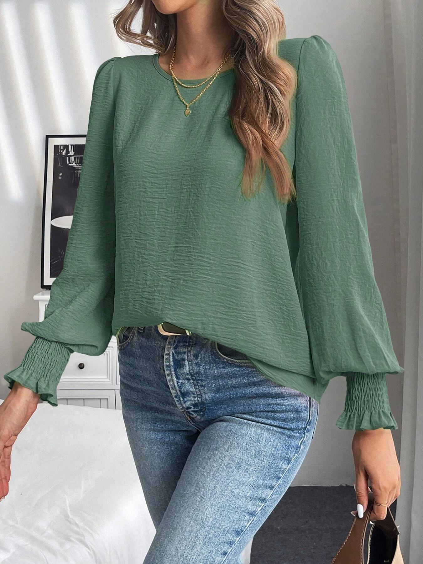 Women's Plain Blouse, Casual Round Neck Top for Spring & Fall, Women's Clothing for Daily Wear