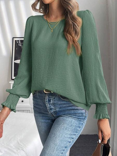 Women's Plain Blouse, Casual Round Neck Top for Spring & Fall, Women's Clothing for Daily Wear