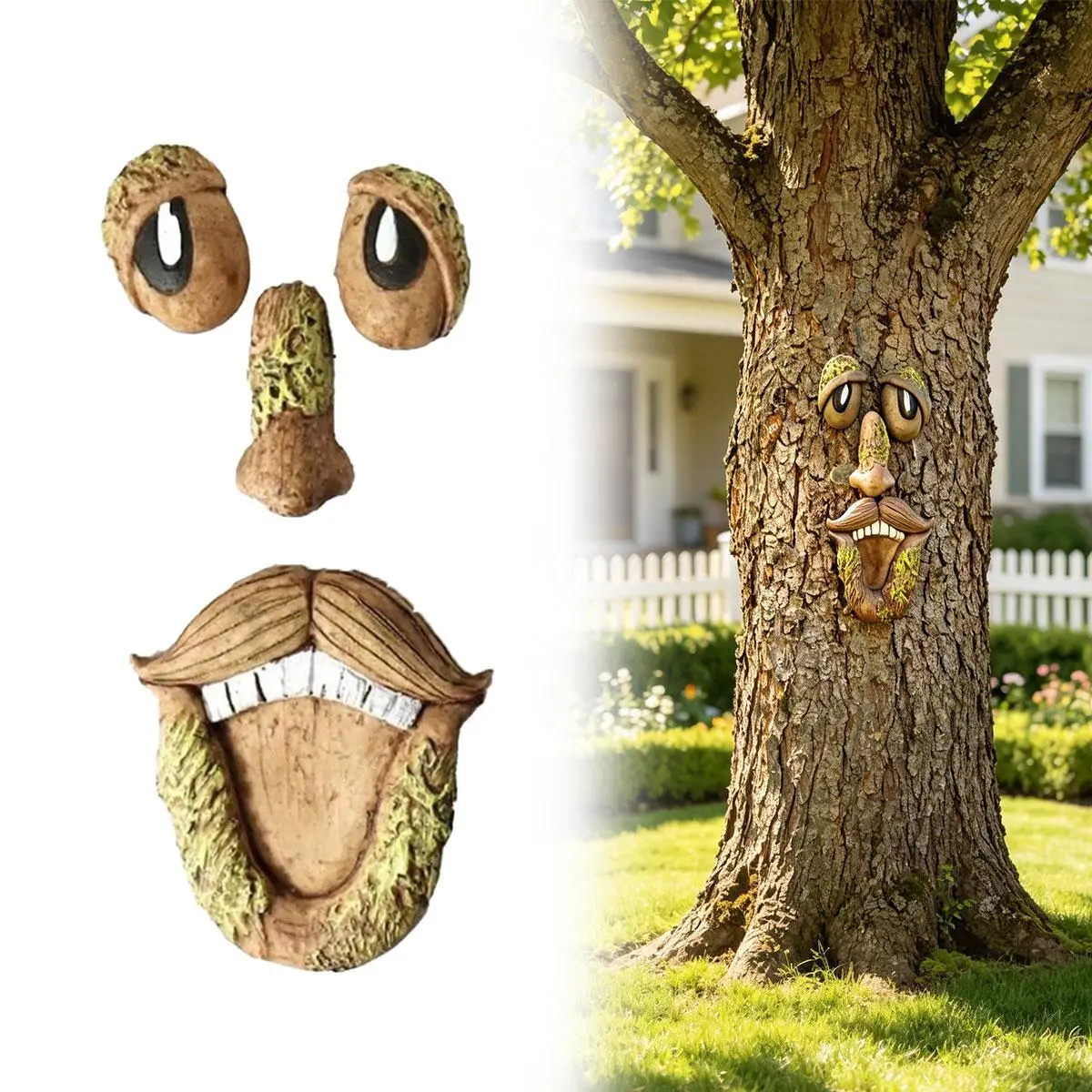 Funny Resin Tree Face Statue Decor, Whimsical Bark Face Ornament, Waterproof Outdoor Garden Yard Patio Decoration for Easter & Halloween