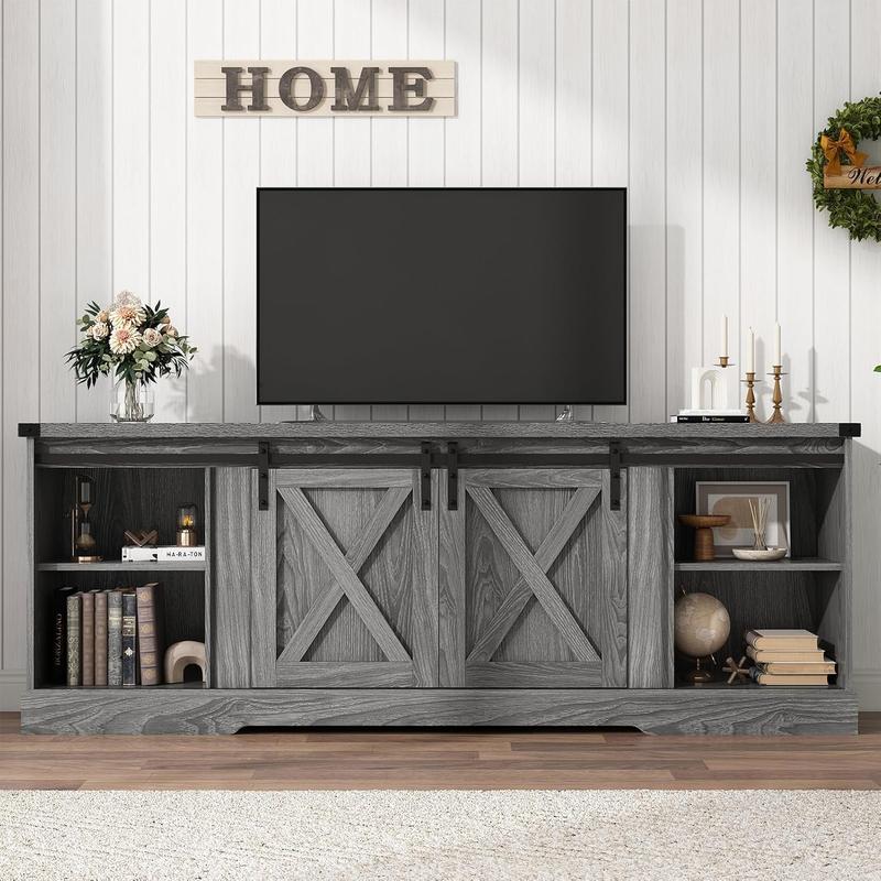 Farmhouse Fireplace TV Stand / Farmhouse TV Stand for 70/75/80 Inch TV, 70 inch Entertainment Center Storage Cabinets with 36”Electric Fireplace and Sliding Barn Doors, Media Console Cabinet for Living Room