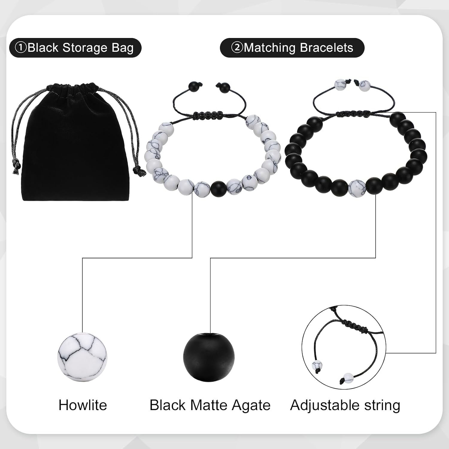 Couples Bracelets Long Distance Matching Bracelets 8mm Howlite Beads Black Matte  for Couples His and Her Gifts