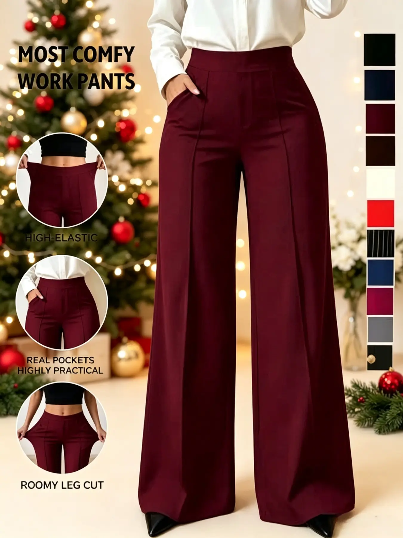 Women's Solid High Waisted Wide Leg Casual Long Pants, Multiple Colors Available, Elastic Stretch, Draping Fabric, With Pockets, Comfortable Suit Pants, Daily Commute Shopping Party Wear, Versatile Women Trousers