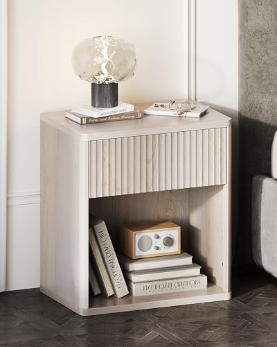 Bedside Nightstand with Drawers and Open Shelves, Rounded Corner Side Table with Cable Management, Modern Minimalist Bedside Cabinet for Bedroom Living Room, Perfect for Lamp Books Remote and Daily Essentials Storage