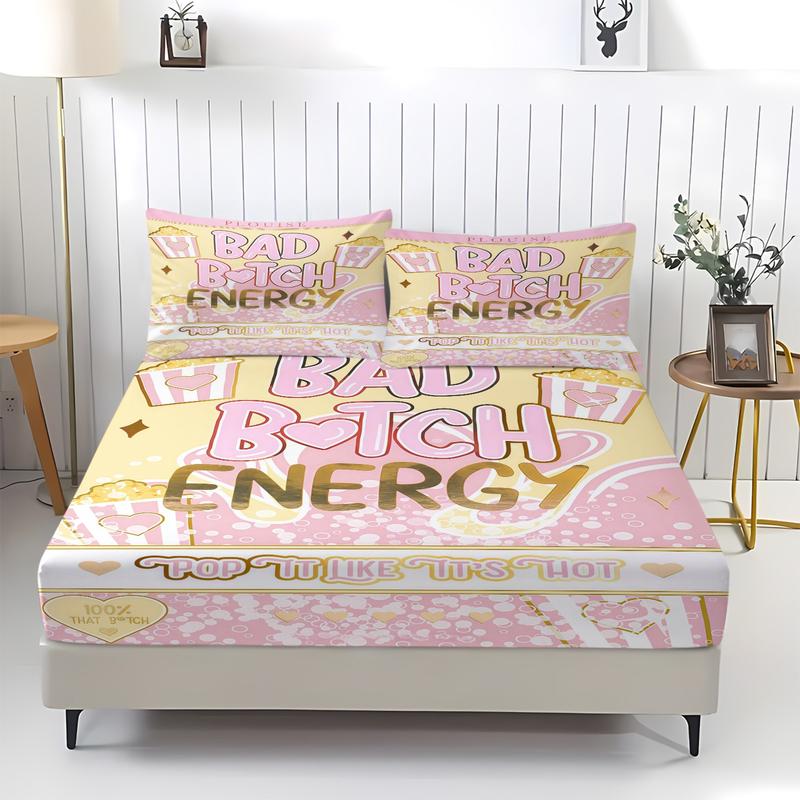 Bad B♥TCH ENERGY Theme Bed Sheet, Fruit/Dessert Pattern Bedding Set, Soft, Comfortable and Easy to Care for Bedding, Made of Allergy Resistant Material All Year Round, Including 1 Bed Sheet and 2 Pillowcases