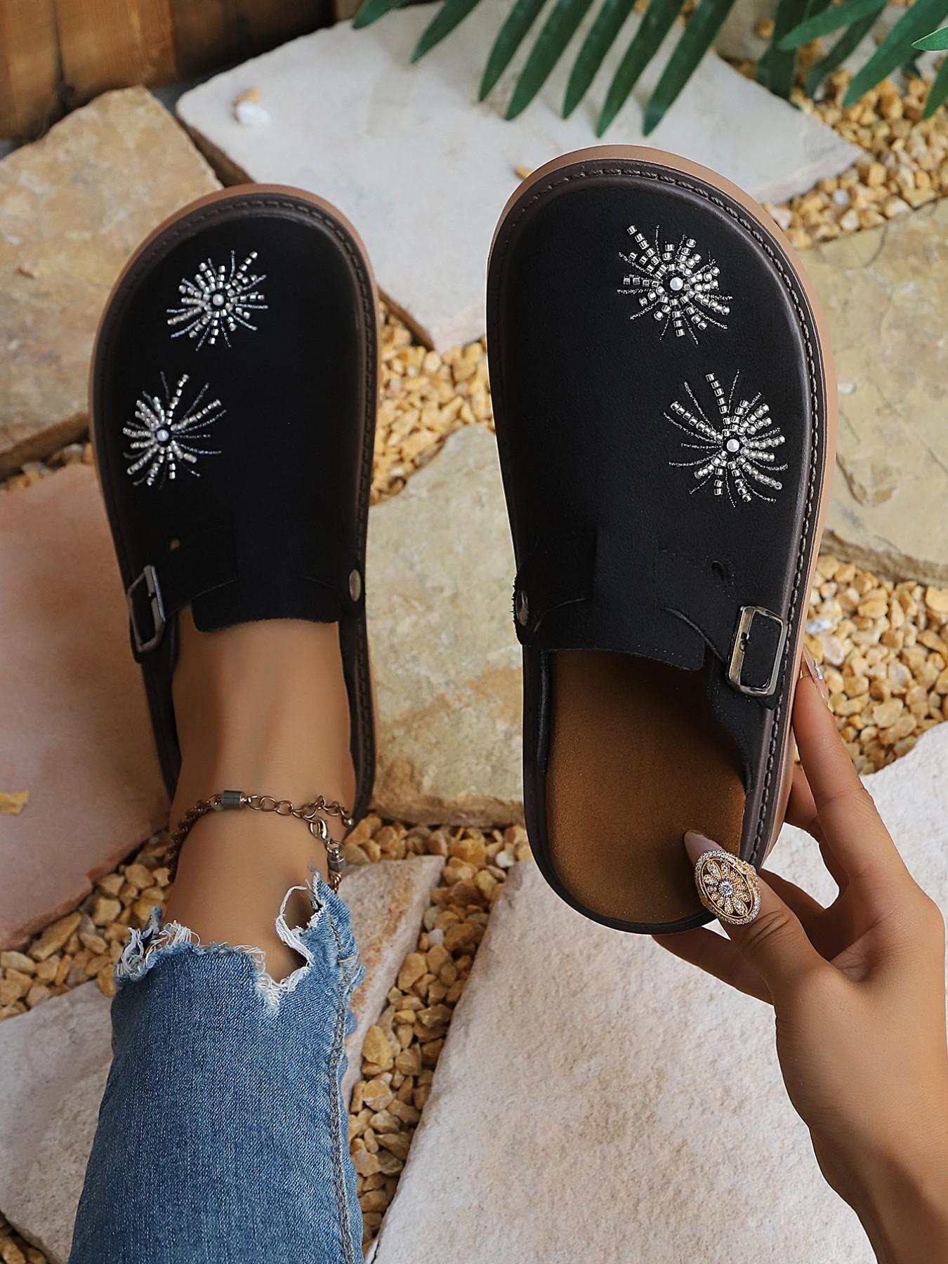 New Vintage Fashion Comfortable Large Size Rhinestone Fireworks Buckle Slip-On Shoes, Versatile Multi-Function Casual Women's Thick Soled Mules