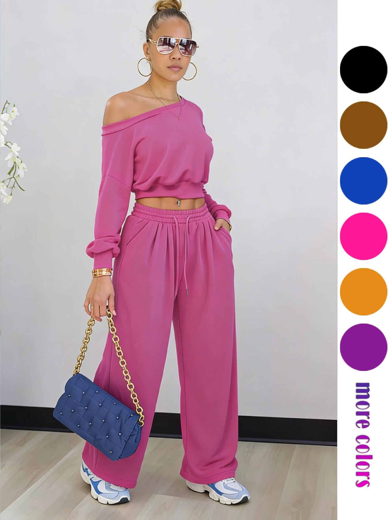 2026Women's Casual Two-Piece Set, Plain Loose Fit Design, Long Sleeves & Pockets, Perfect for All Occasions, Y2K Style