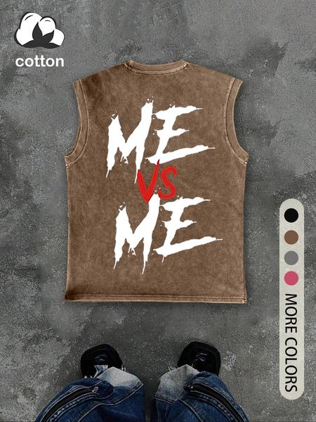 Men's Vintage Distressed "ME VS ME" Print Round Neck Tank Top, Regular Fit Casual Fashion Crew Neck Sleeveless Top for Summer, Men's Clothes for Daily Wear, Socks