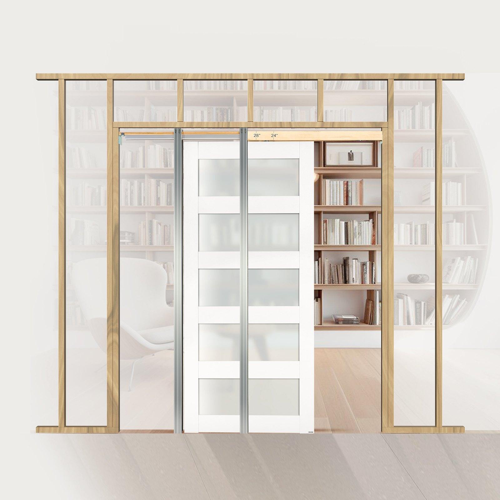 VEVOR Sliding Pocket Door, 36" x 80", 5-Lite Frosted Glass Single Sliding Door with Hardware Kit, Sturdy Solid Wood MDF Pocket Doors Slab with Waterproof Surface for Bedroom Kitchen Study Room