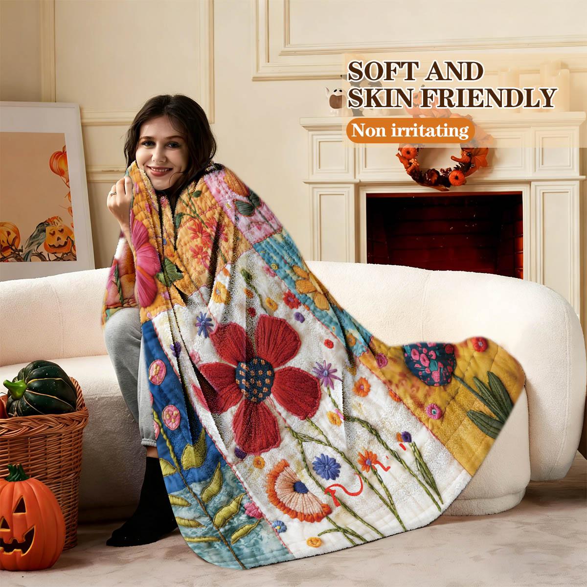 Vintage Floral Patchwork Print Blanket, Soft Flannel Throw, Breathable & Warm, Home Nap Car Cover, Gift Bedroom Decor Pet Blanket