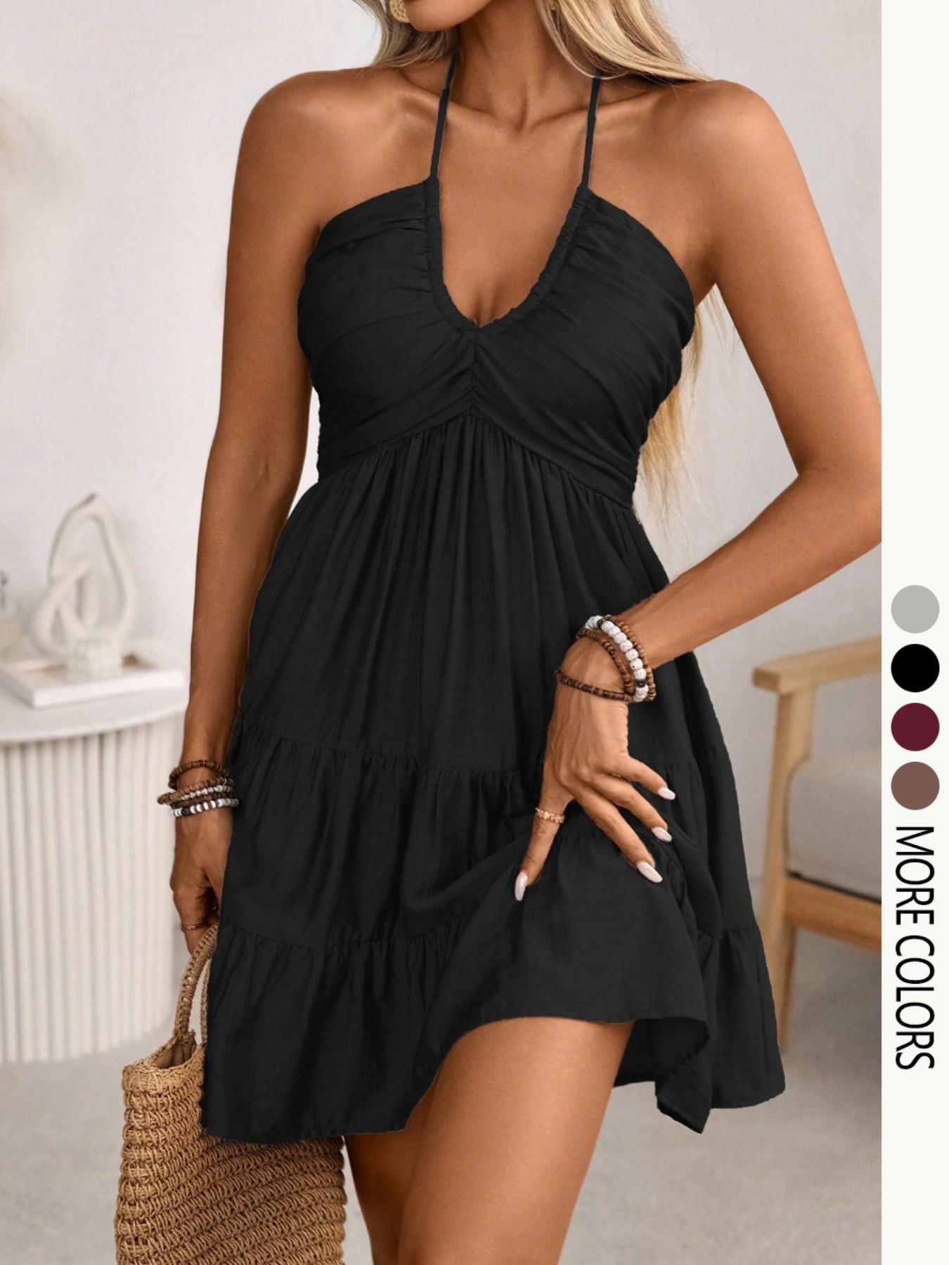 Women's Spring/Summer Rayon Bamboo Knit Bohemian Beach Dress, Shirred Pleated Bust, Tiered Skirt Design, A-Line Silhouette, Backless With Tie-Up Halter Neck And Bow Closure