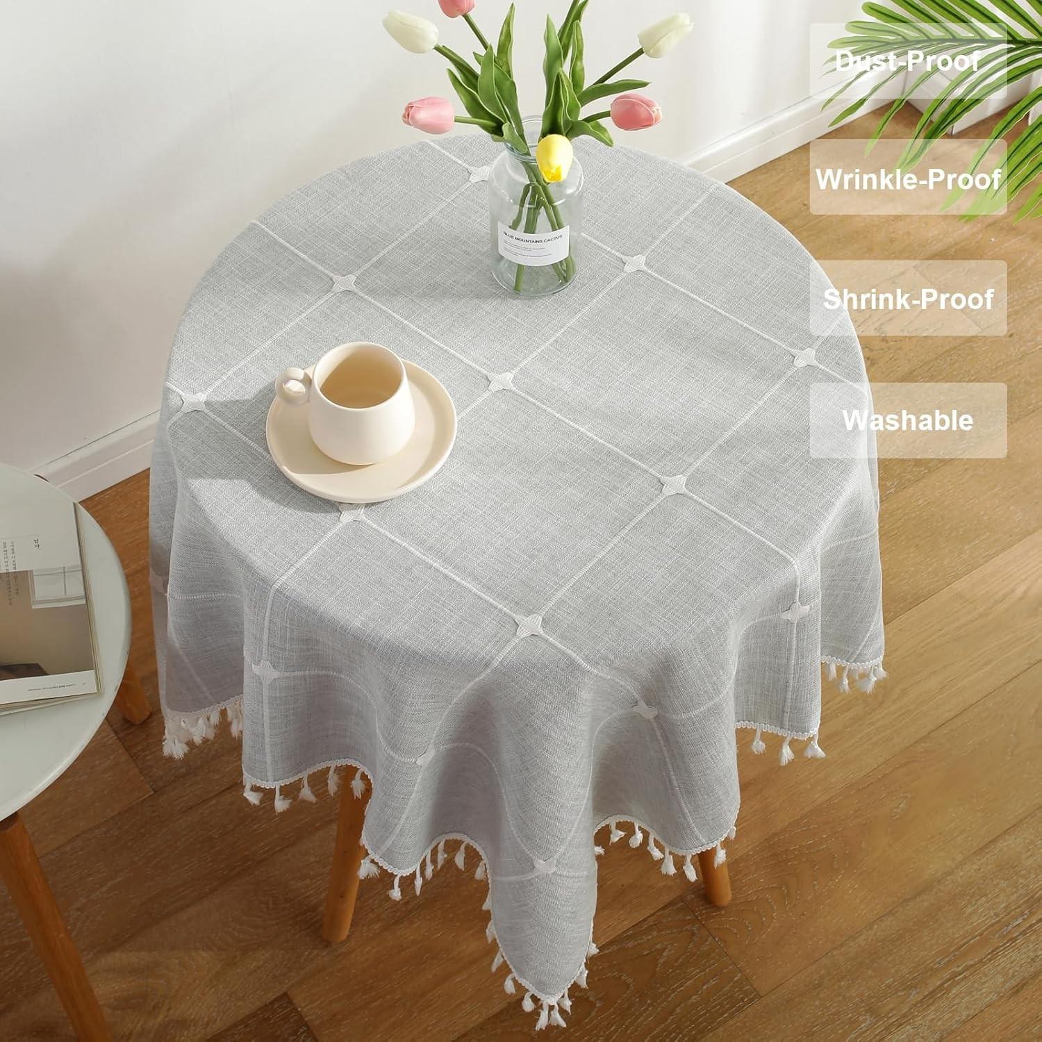 Plaid Tablecloth with Fringe, Round Dual-Layer Plaid, Embroidered, Handmade Fringe, Stain-Resistant, Non-Slip, Ideal for Gatherings