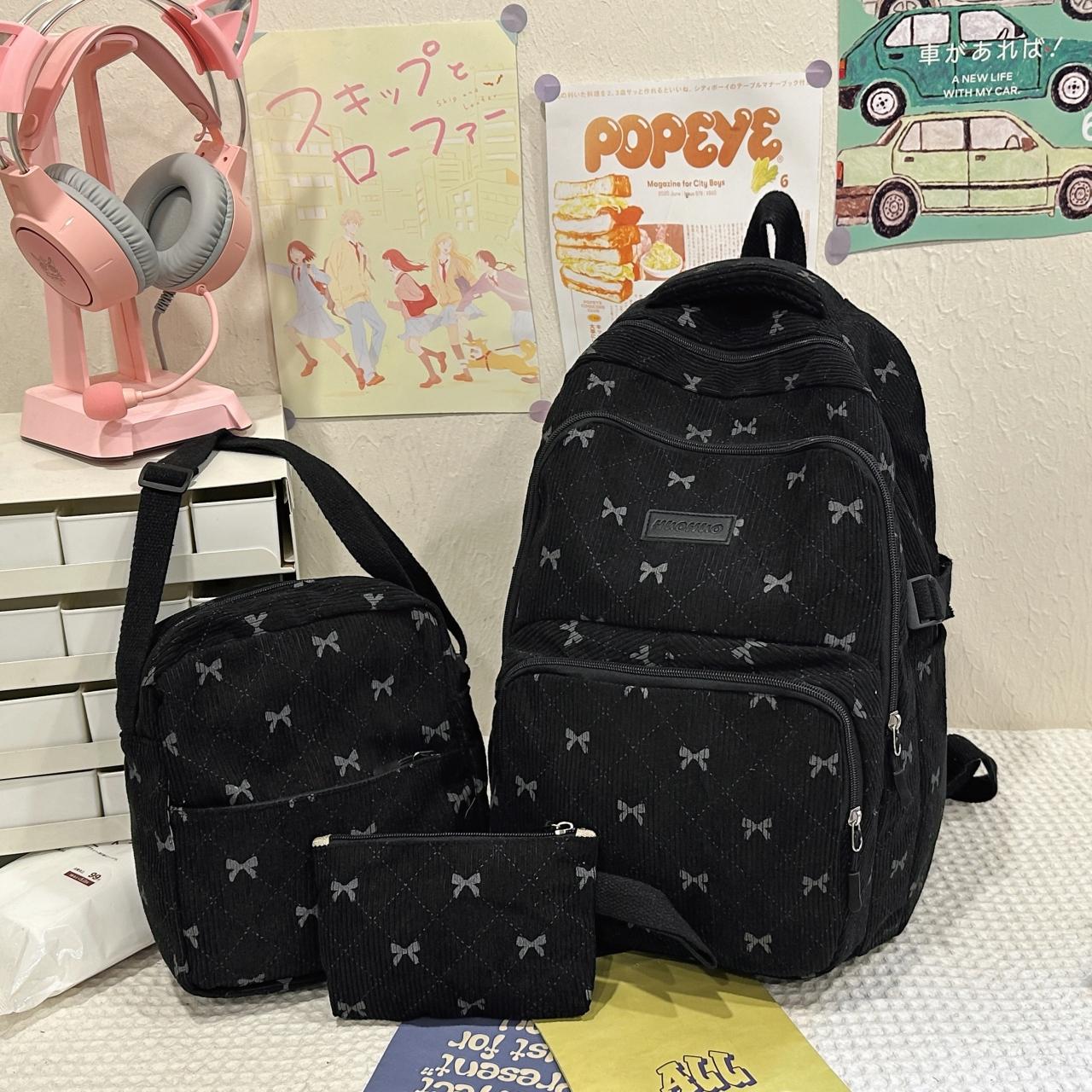 2026 New College Style Cute Bow Corduroy Backpack Shoulder Bag, Versatile Crossbody Small Bag, Multiple Colors Available, Three-Piece Set