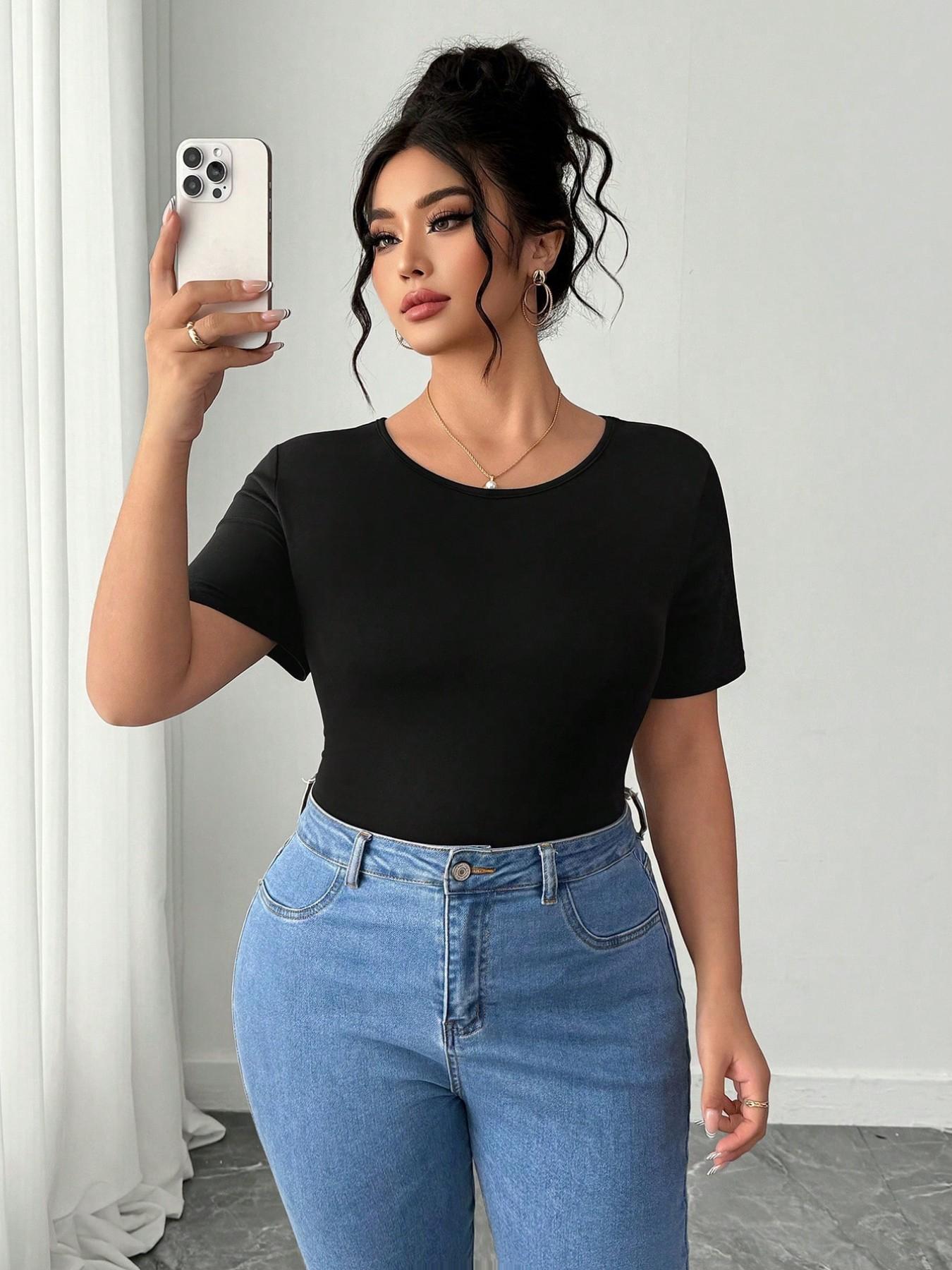 Plus Size Women's Back Bow Short Sleeve T-Shirt, Asymmetrical Hem Slimming Top, Casual Summer Fashion, Comfortable and Stylish