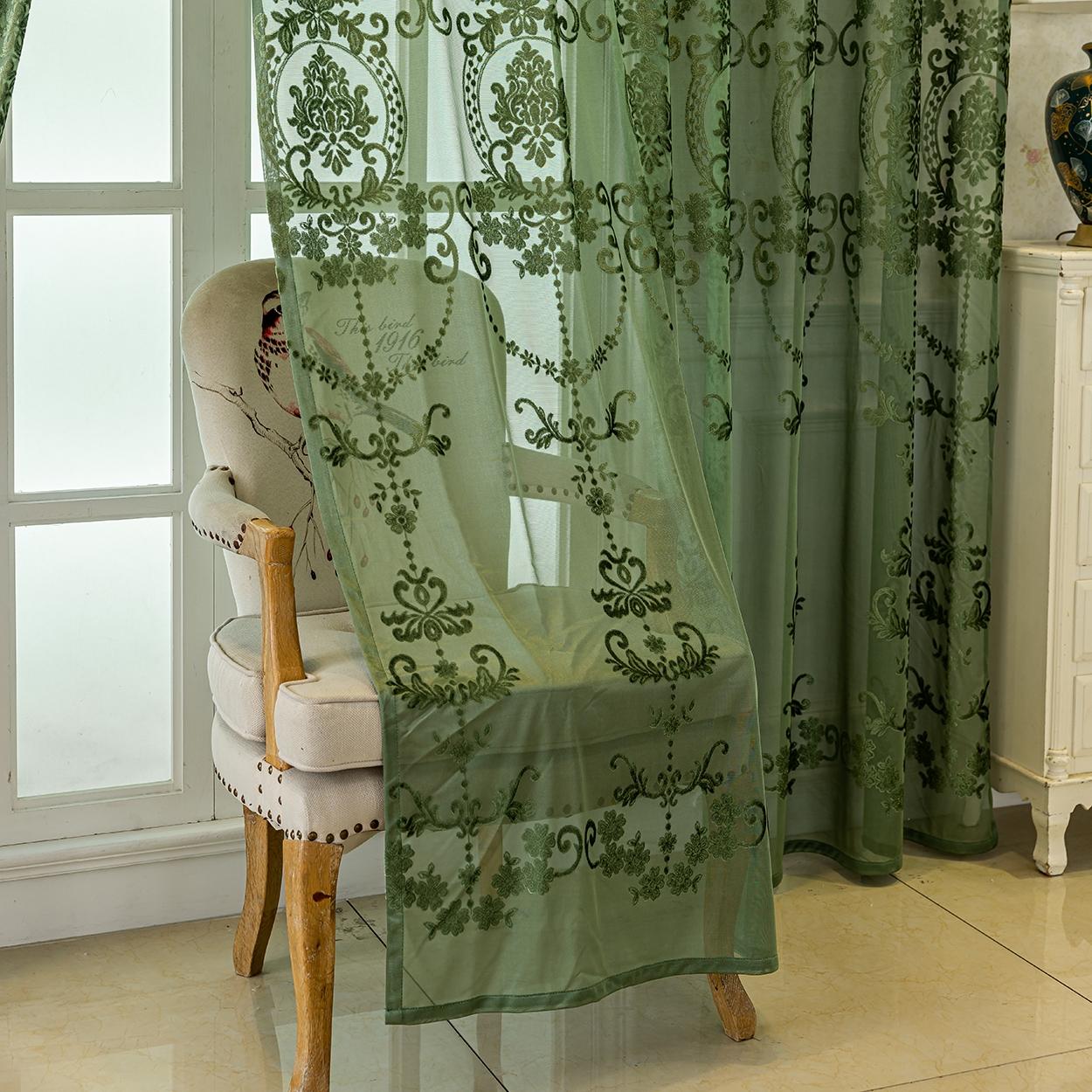 European Luxury Floral Semi-Transparent Curtain, Lightweight Breathable, Ideal for Living Room, Bedroom, Balcony, Kitchen, Office, Garden