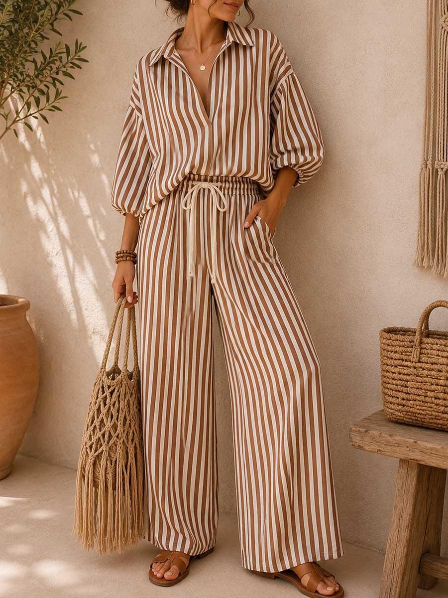 Women's Striped Pattern 2-Piece Set, Collared Neck Long-Sleeve Shirt + Loose-Fit Pants