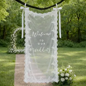 Boao Sheer Wedding Welcome Sign with Lace Edge Fabric Welcome to Our Wedding Sign Tulle Entrance Banner Organza Outdoor Arch Decor for Engagement Bridal Shower Ceremony Reception Backdrop, 24" x 60"