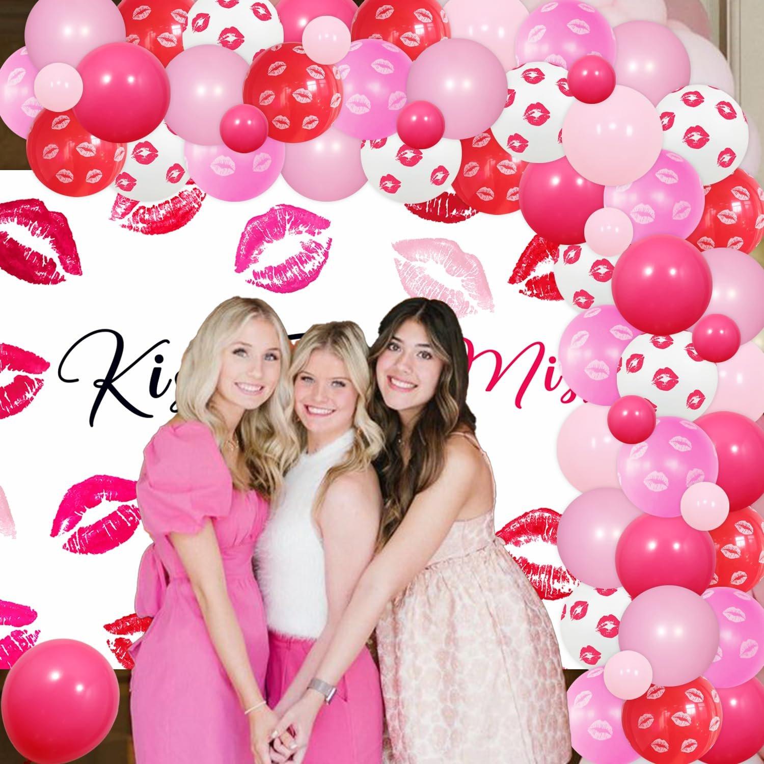 81Pcs Kiss the Miss Goodbye Bachelorette Balloon Kit - Great Value Hot Pink DIY Time Garland Arch Set with Backdrop, Lips Print Red Balloons for Wedding Bridal Shower Decor, Friends & Guests Photography Prop, Balloon Arch Kit