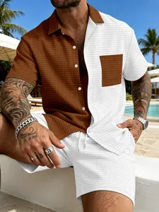 Vacation Casual Sport Set, Lightweight Mesh Texture Contrast Shirt + Loose Elastic Shorts, Ideal for Poolside Weekend and Daily Wear